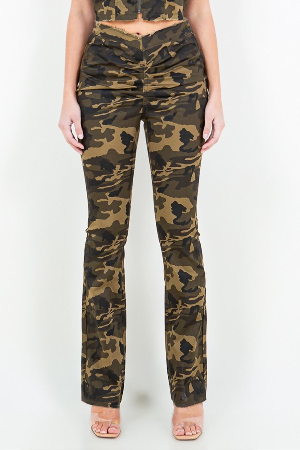 American Bazi V-Cut Ruched Camo Flare Pants - Imishu