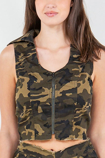 Gilet court en jean à fermeture éclair et motif camouflage American Bazi